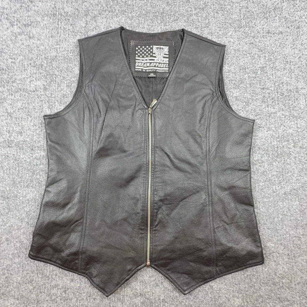 Dream Apparel Vest Mens 2XL Black Leather Biker Motorcycle Full Zip Lined
